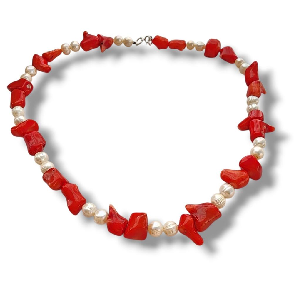 Large Genuine Coral Pearl‎ Necklace Silver 925 Statement Choker Boho Coastal